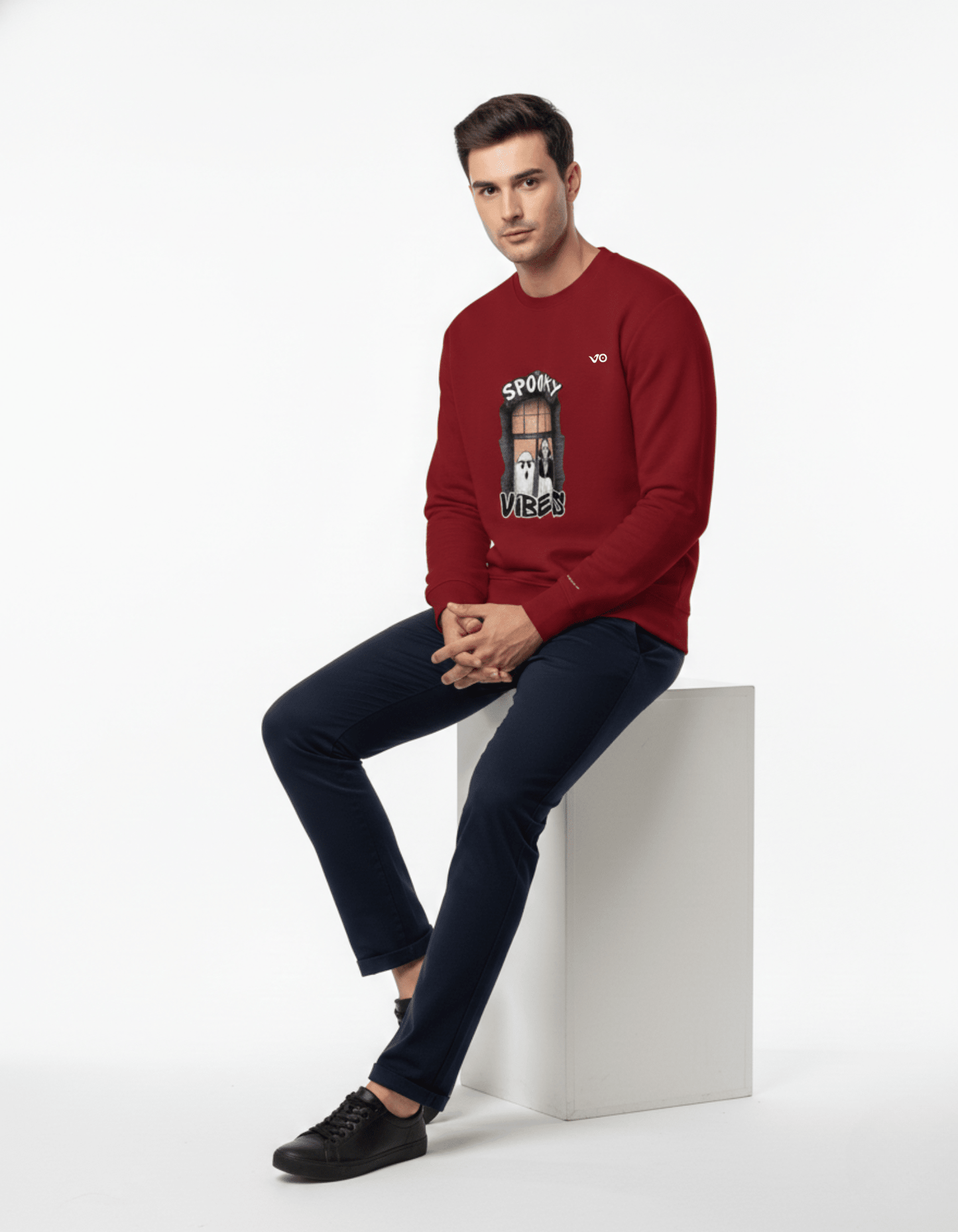 Maroon Snow Soft Cotton Sweatshirt Spooky Vibes Graphic - VIBON Originals