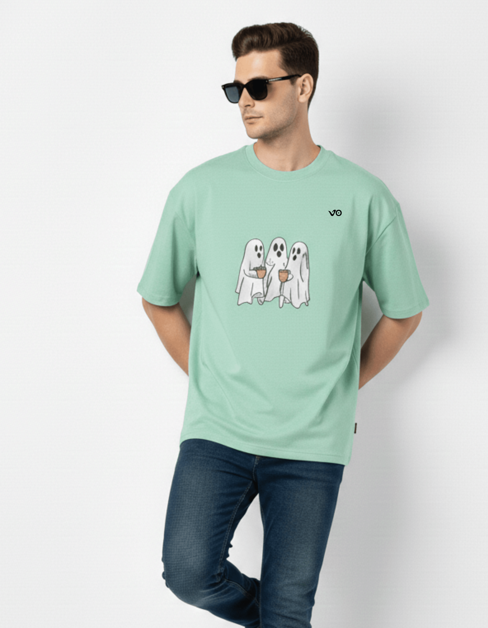 Mint Green Oversized French Terry Cotton T-Shirt Ghost Print - VIBON Originals