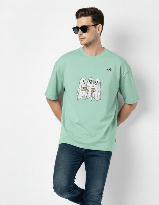 Mint Green Oversized French Terry Cotton T-Shirt Ghost Print - VIBON Originals