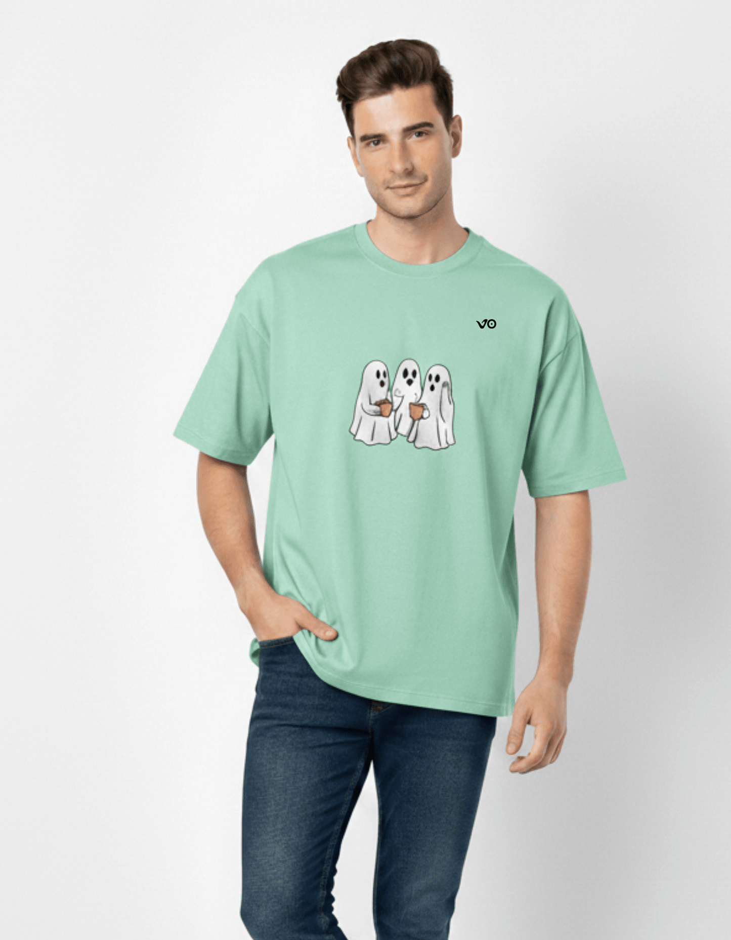 Mint Green Oversized French Terry Cotton T-Shirt Ghost Print - VIBON Originals