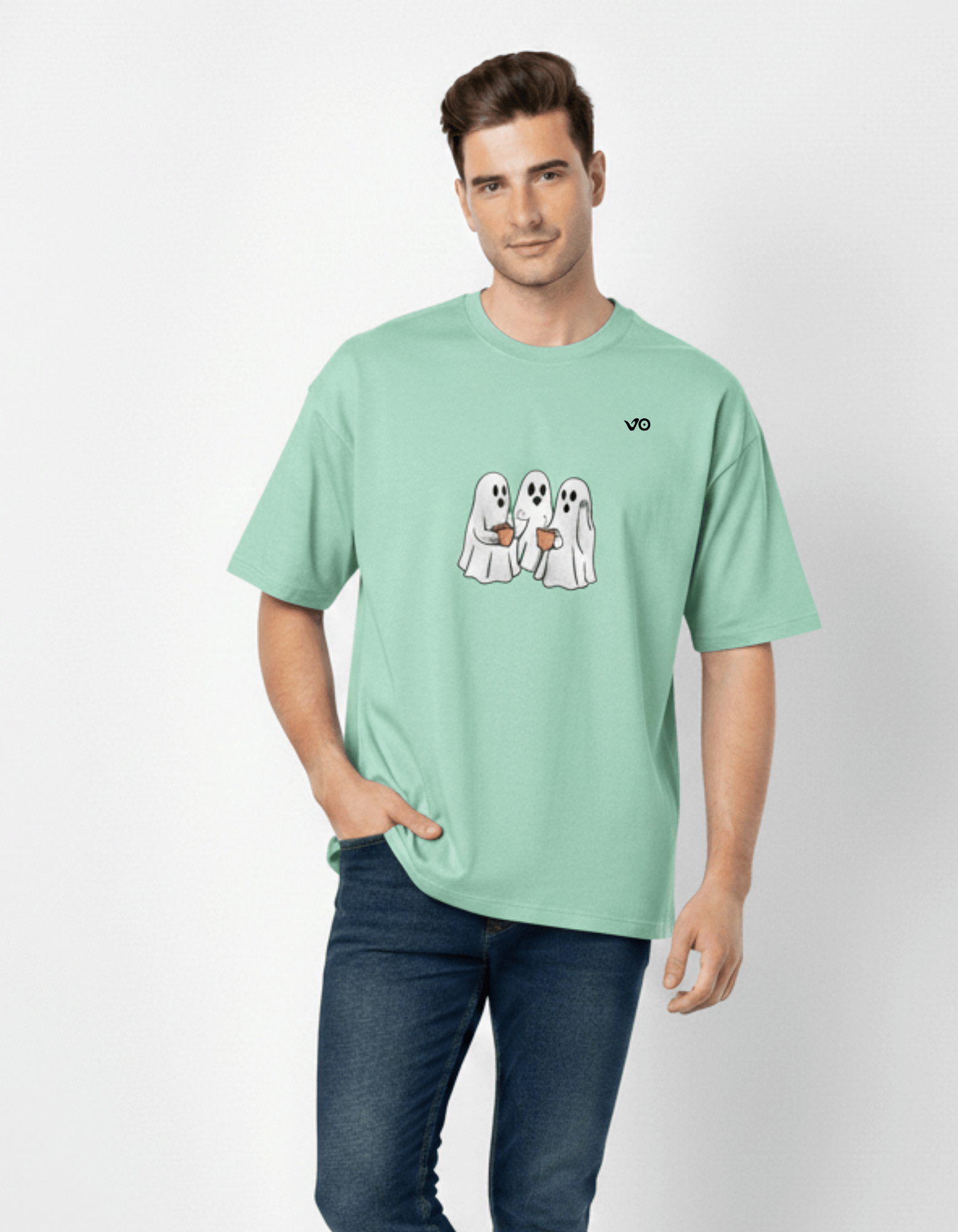 Mint Green Oversized French Terry Cotton T-Shirt Ghost Print - VIBON Originals