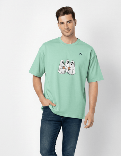 Mint Green Oversized French Terry Cotton T-Shirt Ghost Print - VIBON Originals