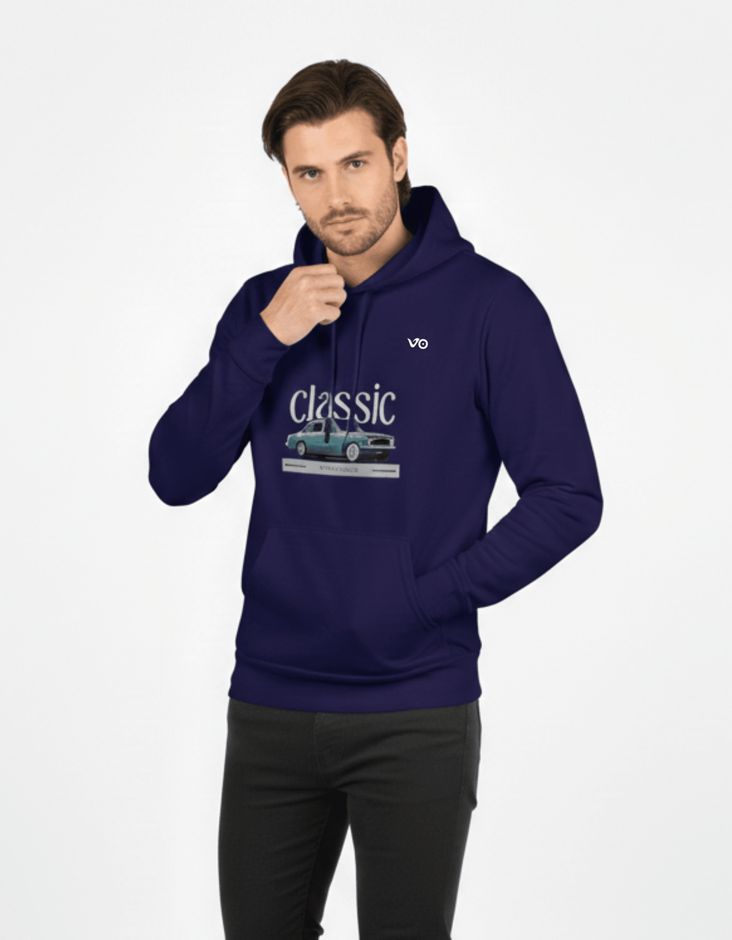 Navy Blue 100% Snow Soft Cotton Hoodie Classic Car Print - VIBON Originals