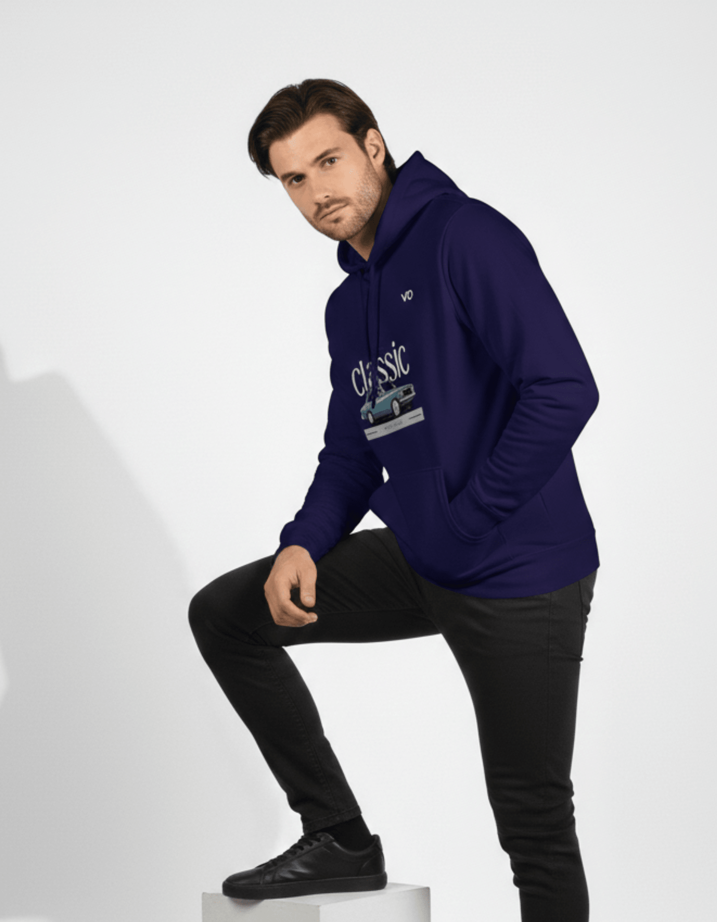 Navy Blue 100% Snow Soft Cotton Hoodie Classic Car Print - VIBON Originals