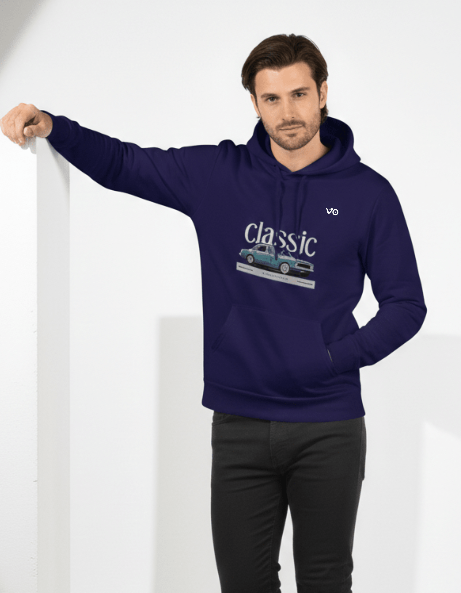 Navy Blue 100% Snow Soft Cotton Hoodie Classic Car Print - VIBON Originals
