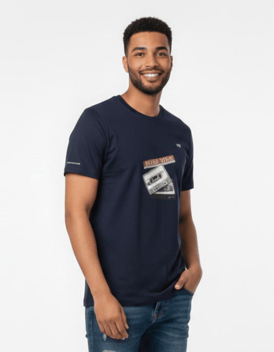 Navy Blue Regular Fit 100% Cotton T-Shirt Retro Vibes Print - VIBON Originals