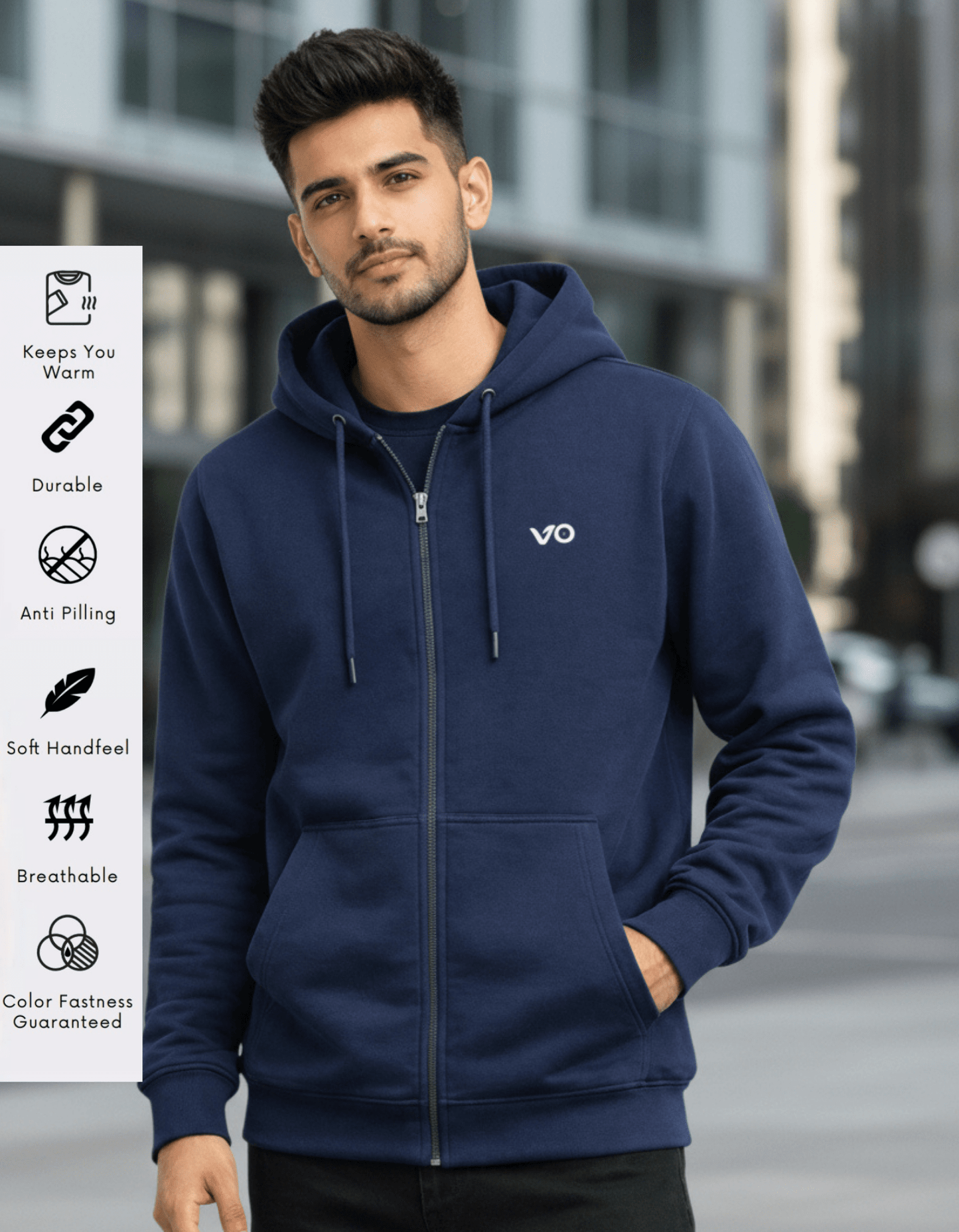 Navy Blue Zipper Hoodie – 100% Cotton - VIBON Originals