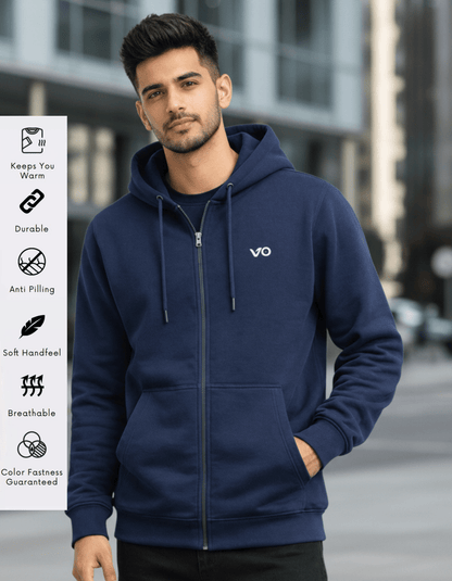 Navy Blue Zipper Hoodie – 100% Cotton - VIBON Originals