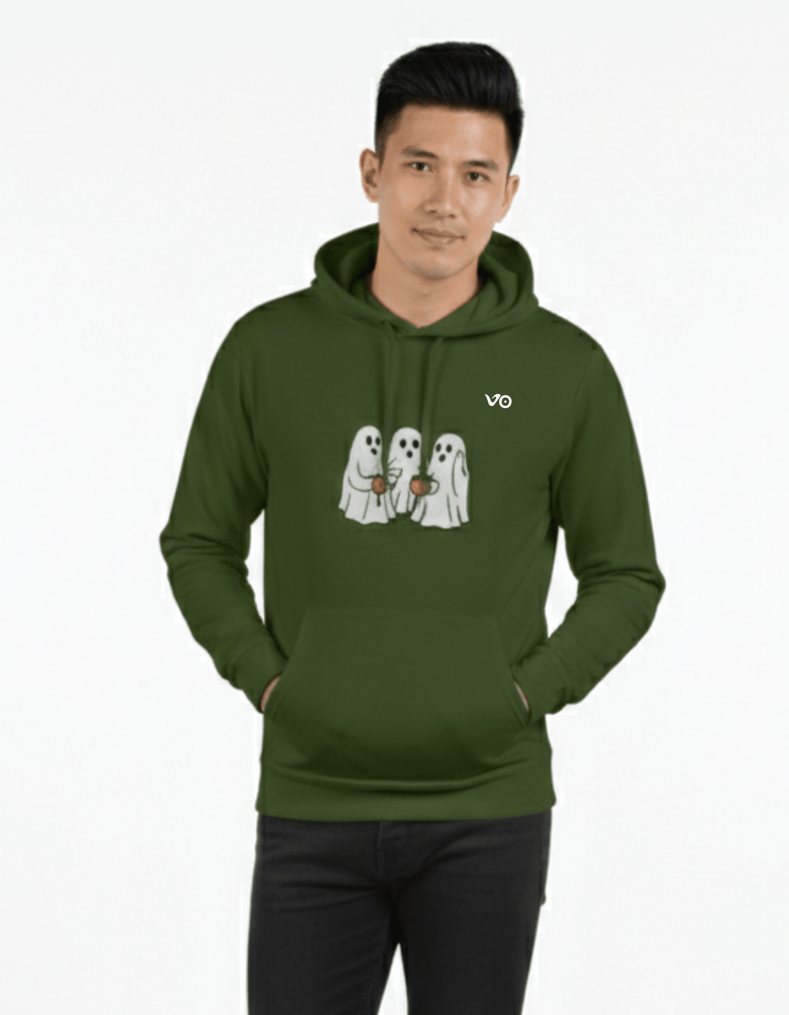 Olive Green 100% Snow Soft Cotton Hoodie Ghost Graphic Print - VIBON Originals