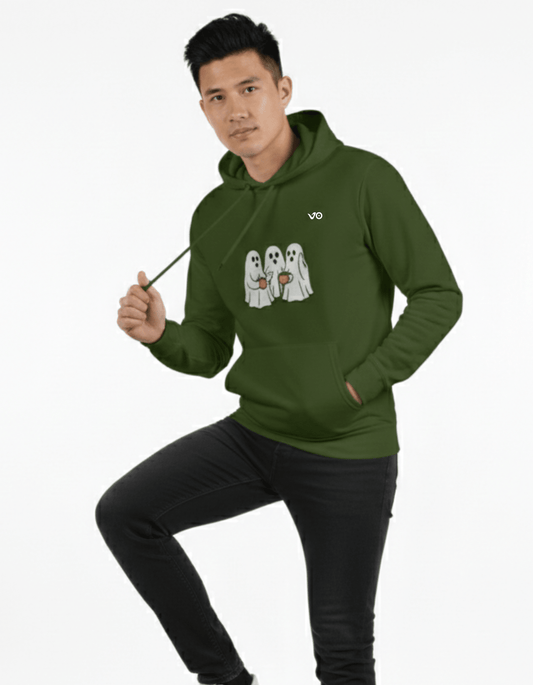 Olive Green 100% Snow Soft Cotton Hoodie Ghost Graphic Print - VIBON Originals
