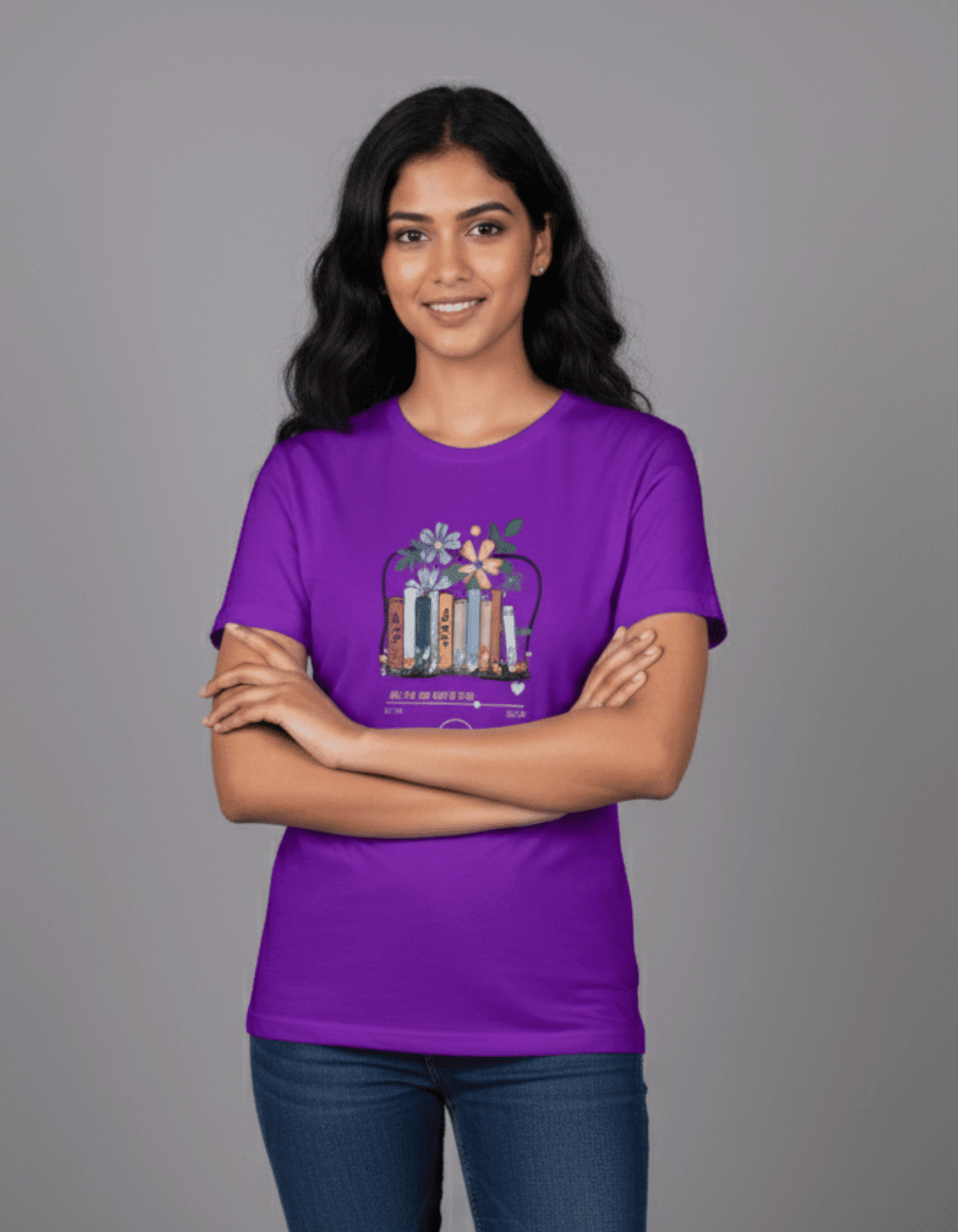 Purple Floral Bookstack Women’s T-Shirt – 100% Cotton | Aesthetic Book Lover Tee | - VIBON Originals