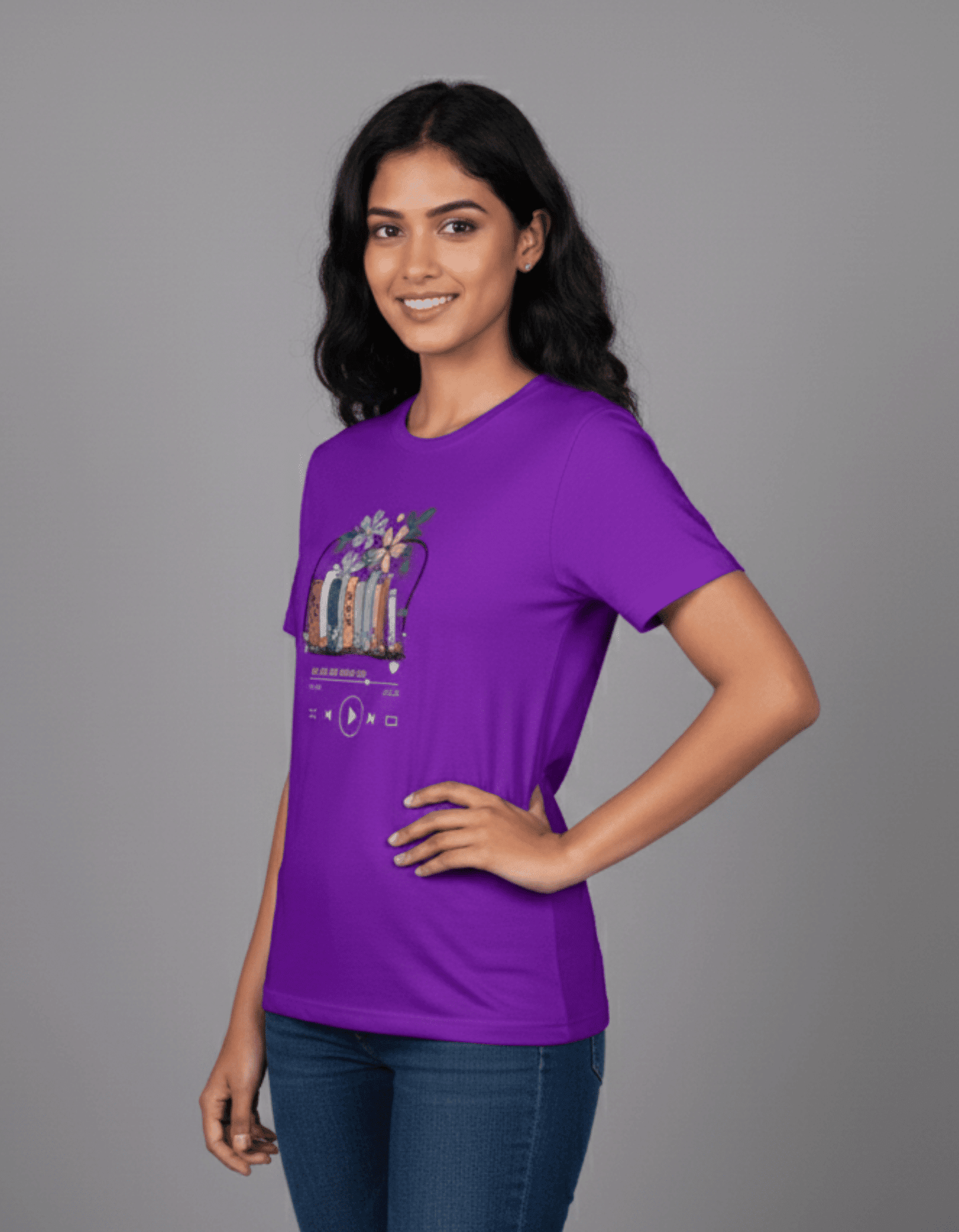 Purple Floral Bookstack Women’s T-Shirt – 100% Cotton | Aesthetic Book Lover Tee | - VIBON Originals