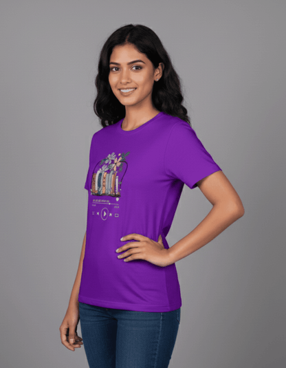 Purple Floral Bookstack Women’s T-Shirt – 100% Cotton | Aesthetic Book Lover Tee | - VIBON Originals