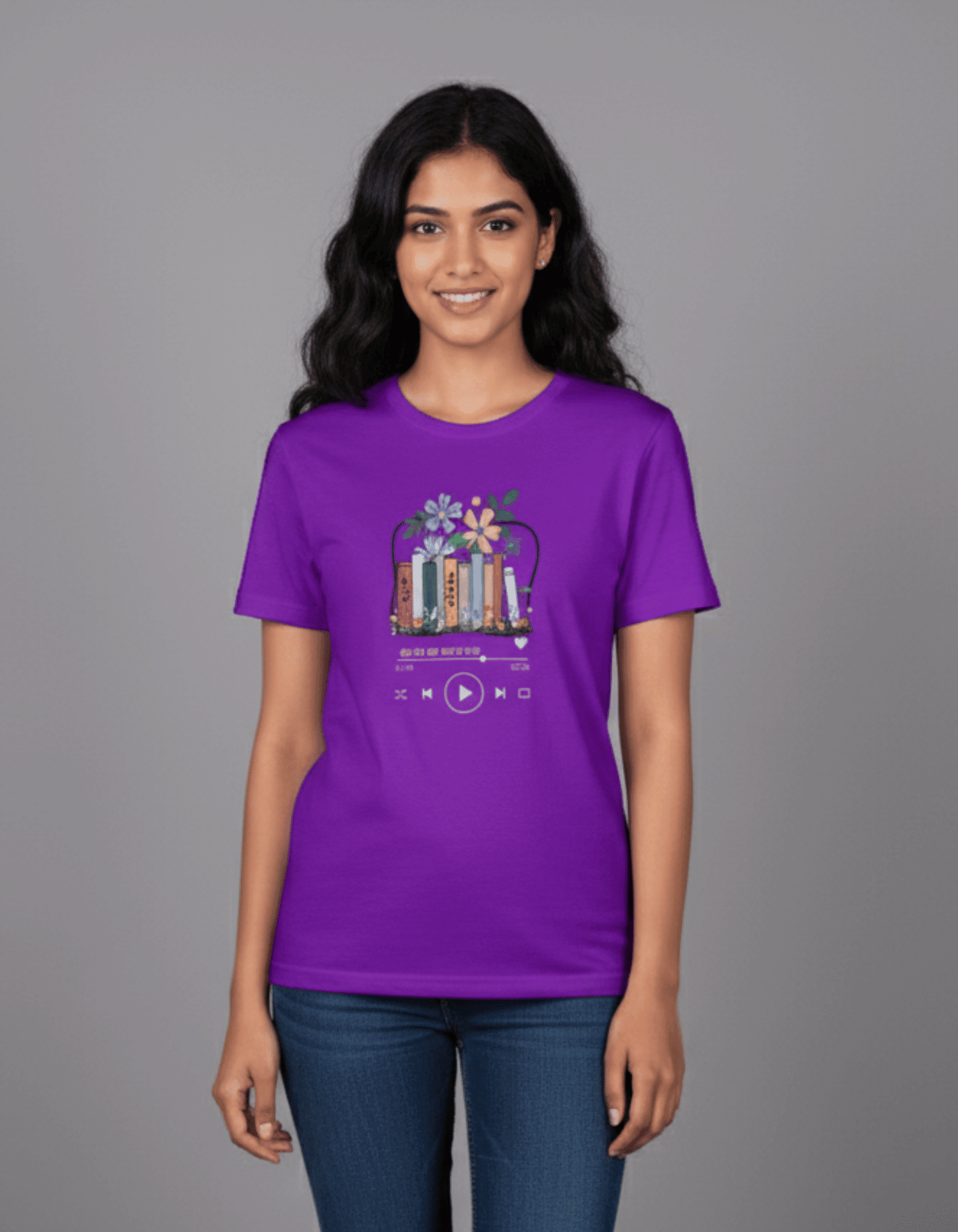 Purple Floral Bookstack Women’s T-Shirt – 100% Cotton | Aesthetic Book Lover Tee | - VIBON Originals