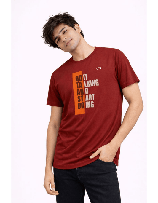 Quit Talking Start Doing Burgundy Cotton T-Shirt - VIBON Originals