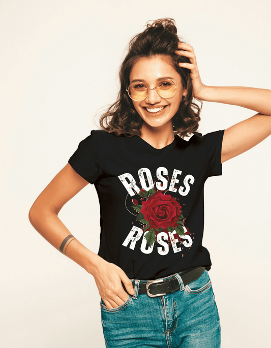 Roses Graphic Printed Black T-Shirt for Women – 100% Cotton Casual Wear - VIBON Originals
