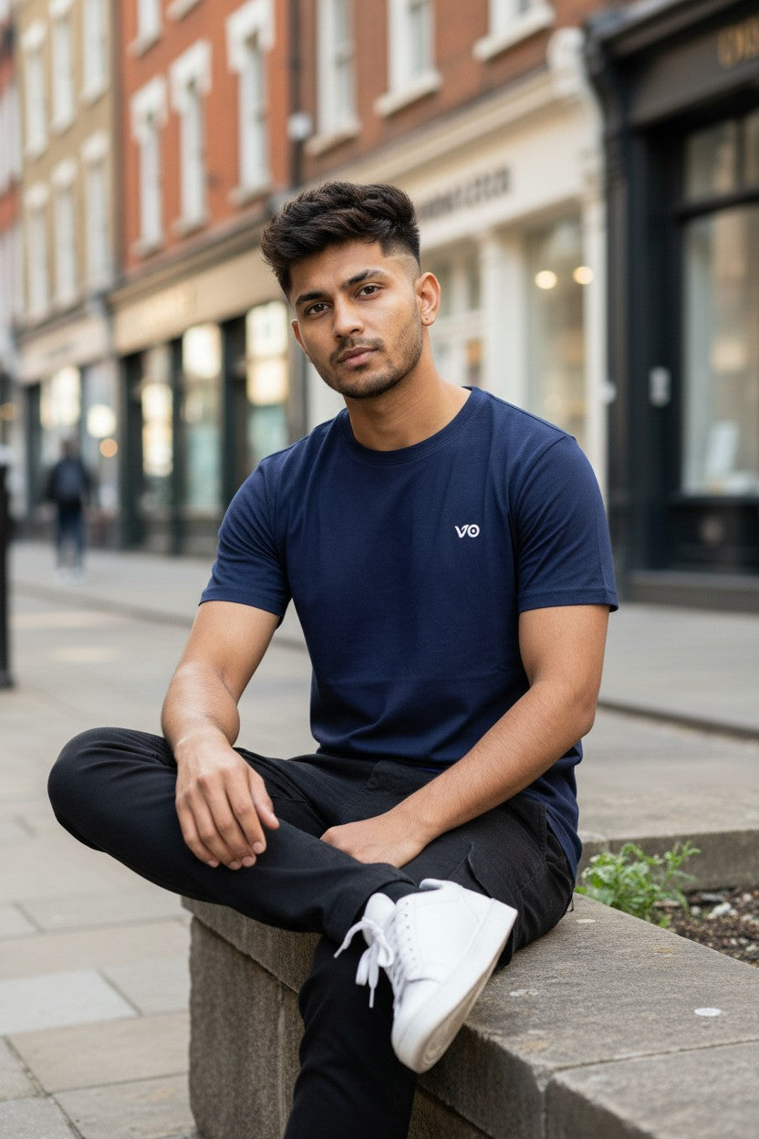Navy Blue Classic T-Shirt | 100% Cotton Minimal Streetwear Tee – VIBON Originals