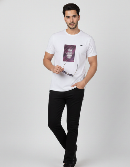 White Regular Fit 100% Cotton T-Shirt Abstract Graphic Print