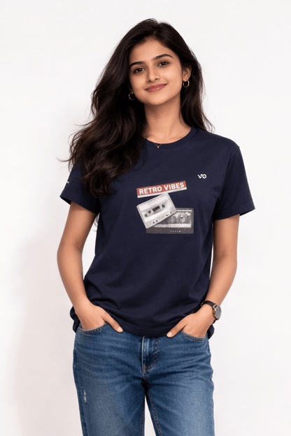 Women’s Navy Blue Retro Vibes Cotton T-Shirt | VIBON Originals - VIBON Originals