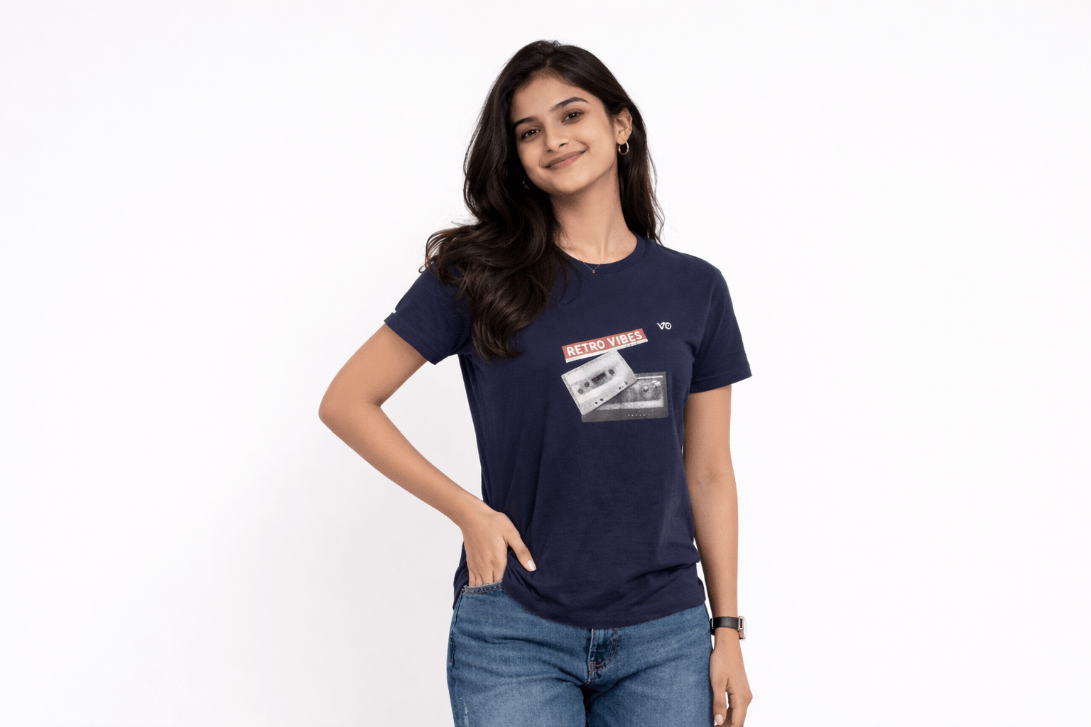 Women’s Navy Blue Retro Vibes Cotton T-Shirt | VIBON Originals - VIBON Originals
