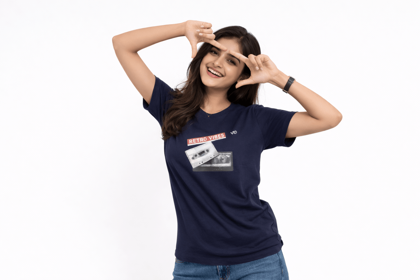 Women’s Navy Blue Retro Vibes Cotton T-Shirt | VIBON Originals - VIBON Originals