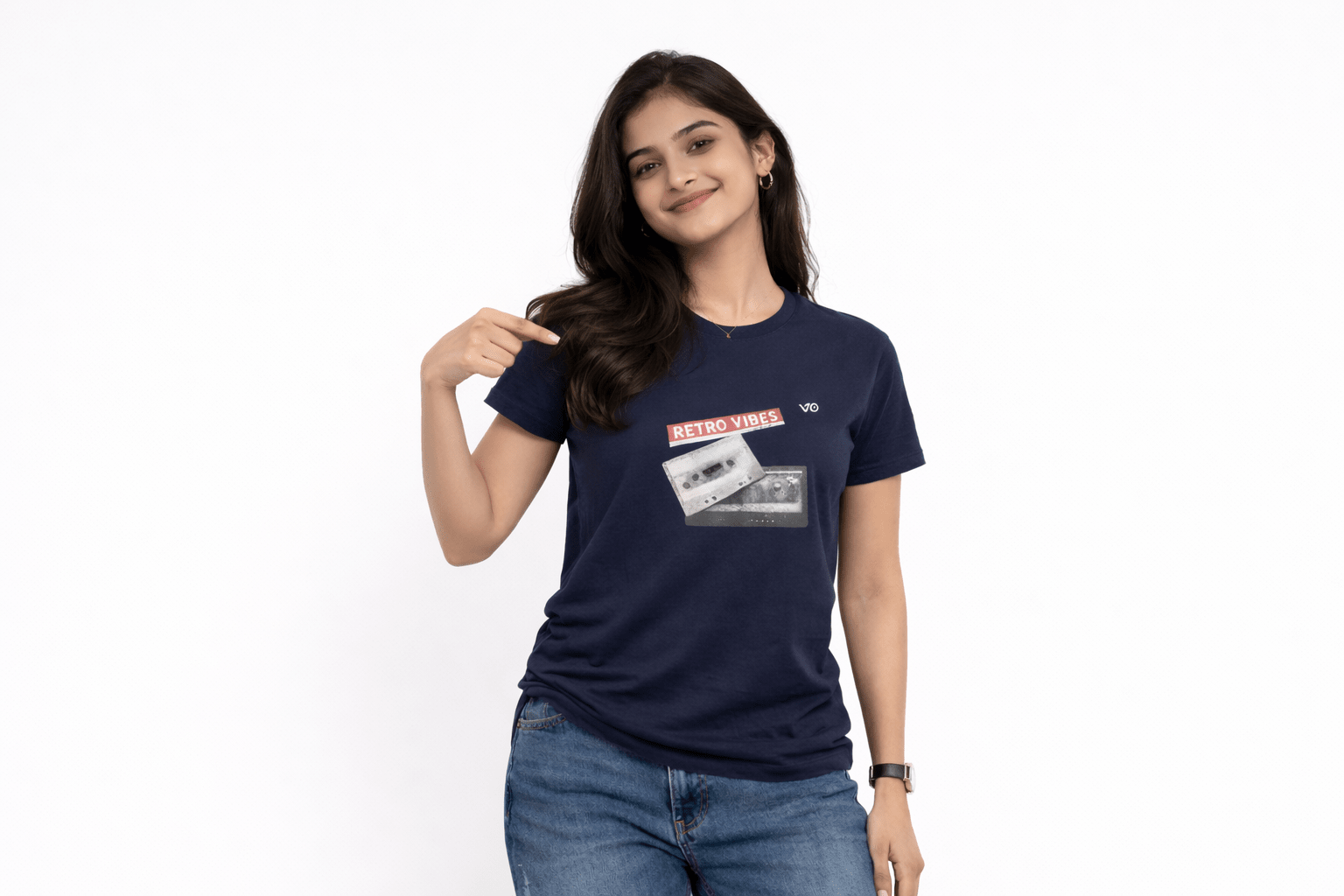 Women’s Navy Blue Retro Vibes Cotton T-Shirt | VIBON Originals - VIBON Originals