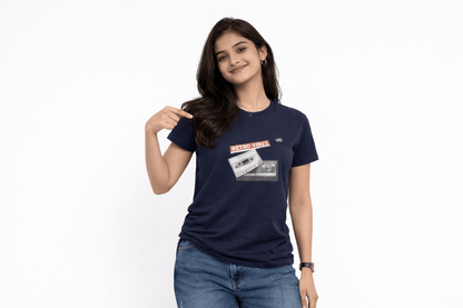 Women’s Navy Blue Retro Vibes Cotton T-Shirt | VIBON Originals - VIBON Originals
